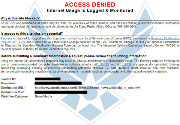 Screenshot from a blocked Access to wikileaks sites from US-Government computers starting in 2014